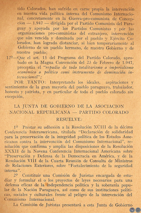 COLORADISMO PARAGUAYO FRENTE A LA ORGANIZACIÓN COMUNISTA INTERNACIONAL, 1954 - FIRMADO POR ALFREDO STROESSNER (RESOLUCIÓN JUNTA DE LA ANR)